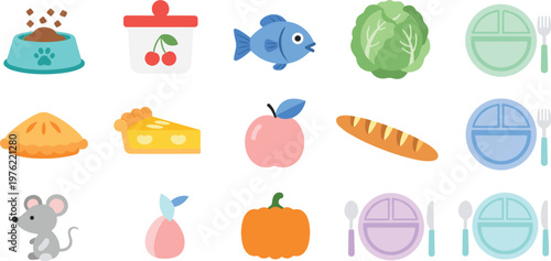 Food and Animal Icons Vector Illustration Set with Pet Bowl Fish Fruits Vegetables and Tableware Flat Design Collection