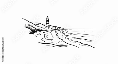 Black and white sketch of a lighthouse on a coastal dune overlooking the ocean