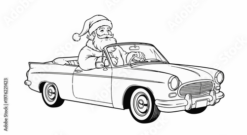 Cheerful Santa Claus drives a classic convertible car during the holidays