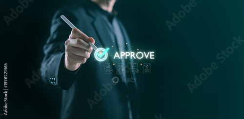 Businessman using a digital interface to approve documents with a glowing checkmark symbol, representing workflow management, validation, and decision-making in a modern corporate technology.