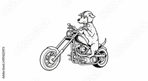 Dog wearing a helmet rides a motorcycle with a detailed engine