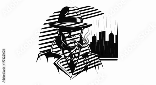 Dramatic black and white illustration of a man in a fedora and trench coat smoking a cigarette in a city at night