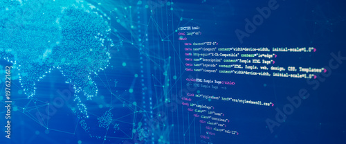 Digital world map with connected data nodes and HTML code overlay on blue background, illustrating global networking, web development, and data communication in modern technology systems.