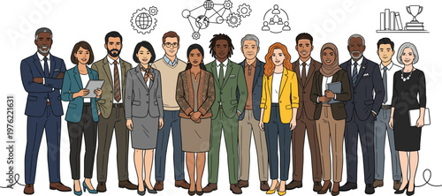 Successful business professionals standing in a row representing workplace diversity and inclusive corporate culture for stock design asset.