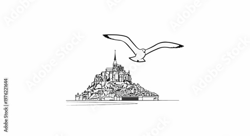 Black and white sketch of a medieval island fortress with a seagull flying overhead