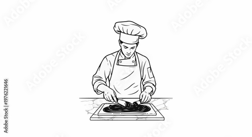 Chef preparing dark chocolate spread on a marble countertop