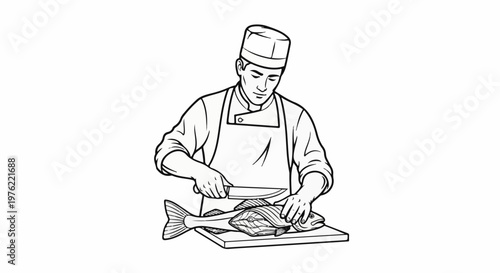 Chef in uniform preparing a fish on a cutting board