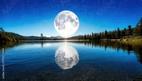 Majestic Moon Reflection Over Tranquil Lake at Night.