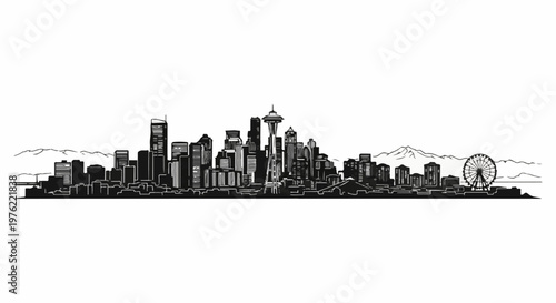 Black and white sketch of a sprawling city skyline with mountains in background