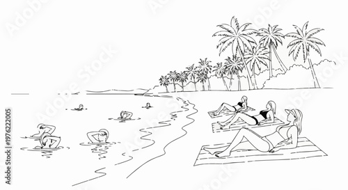 Black and white sketch of a tropical beach with palm trees, people swimming, and sunbathers