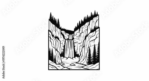 Dramatic cliffside waterfall cascades into a rocky river amidst pine trees