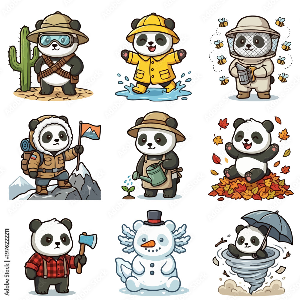 Obraz premium Set of 9 Cute Panda Characters - Kawaii Panda Desert Explorer, Beekeeper, Mountain Climber, Gardener, Lumberjack, Tornado Survivor, and Playing in Rain, Snow, and Leaves - Vector Illustration
