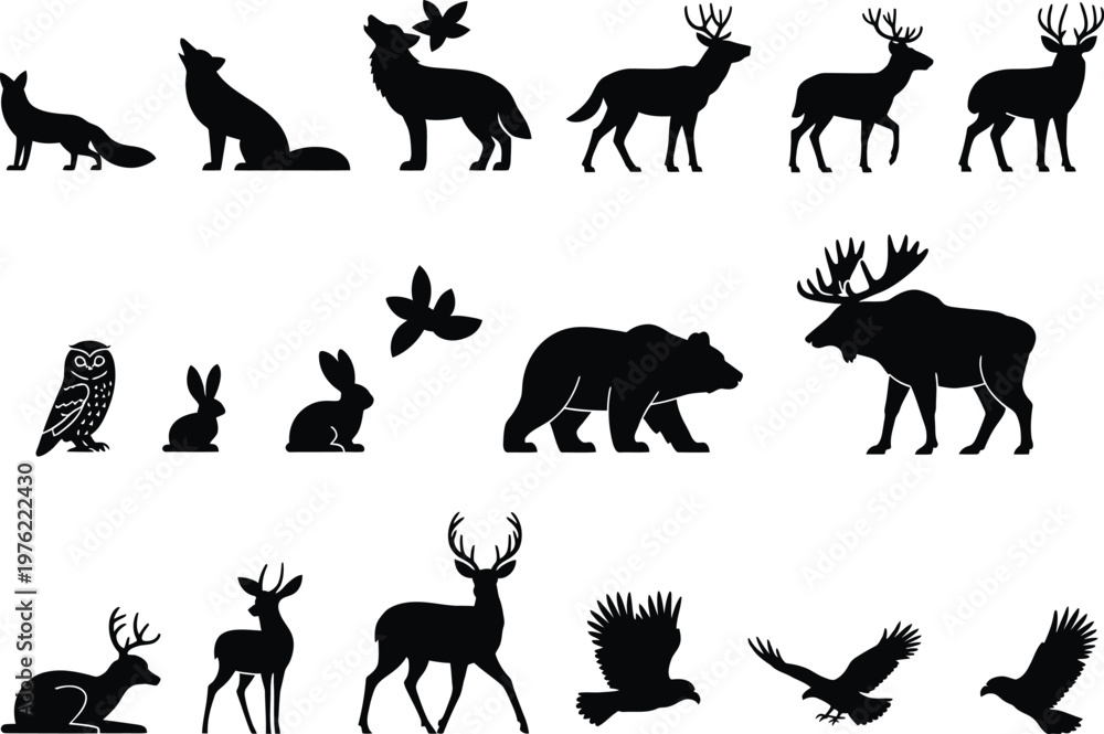 Fototapeta premium Wildlife icons, animal silhouettes, black animals, vector set