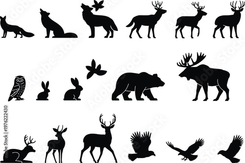 Wildlife icons, animal silhouettes, black animals, vector set