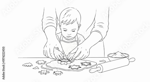 Child and adult hands using cookie cutters on dough, with supplies