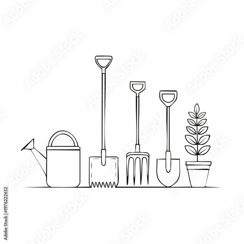 Gardening tools with watering can and plant