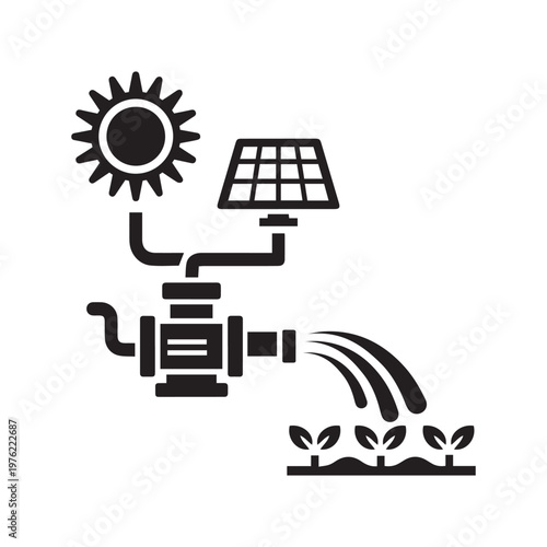 Solar powered irrigation system for crops icon with irrigation agriculture sustainable technology efficiency industry illustration renewable