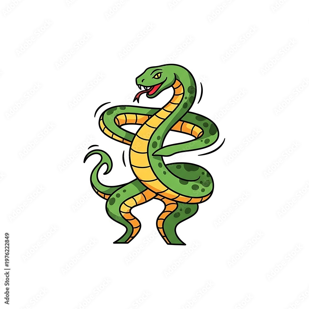Fototapeta premium A cartoon-style illustration of a green snake with a yellow underbelly and black outlines, coiling and standing upright