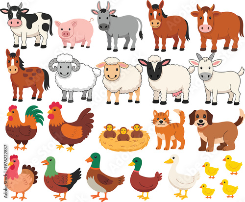 Farm animals, cute cartoon creatures, vector icons set, 25 elements