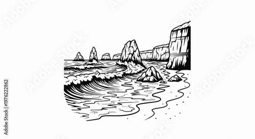 Dramatic ocean waves crash against jagged coastal rock formations