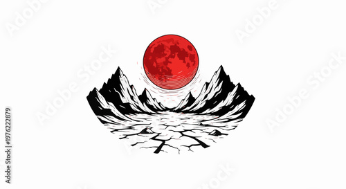 Dramatic red moon over jagged mountain peaks and cracked earth landscape