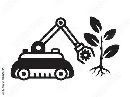 Automated robot arm harvesting a plant with roots automation harvesting agriculture technology machinery industry mechanical precision electronic intelligent