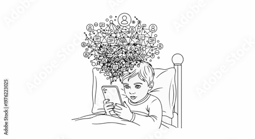 Child in bed engrossed in phone, head filled with social media connections and messages