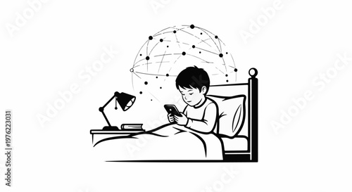 Child in bed with phone, global network graphic above