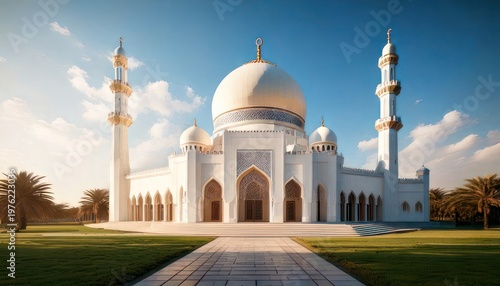 Majestic Mosque with Golden Dome and Minarets Under Blue Sky.