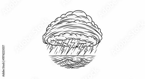 Dramatic storm cloud with lightning strikes over turbulent ocean waves