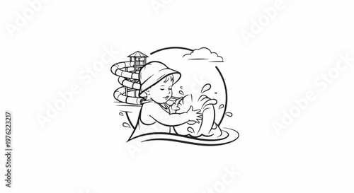 Child in bucket hat plays in water with water slide and clouds in background