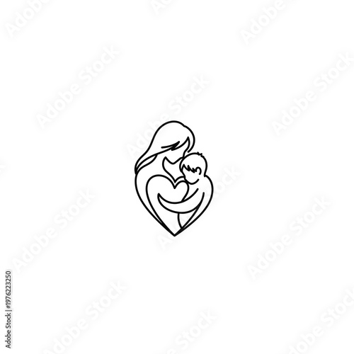 Mother Cradling Baby Heart Shape Line Art Logo Design Minimal Maternity Icon Illustration Vector