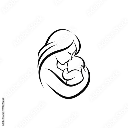 Mother Holding Newborn Baby Tender Embrace Black Line Art Drawing Maternity Love Illustration