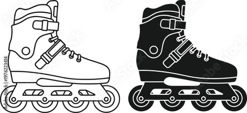 Inline roller skate silhouette, recreational skating footwear illustration, sport activity design artwork, fitness movement concept, black white stylish recreation representation