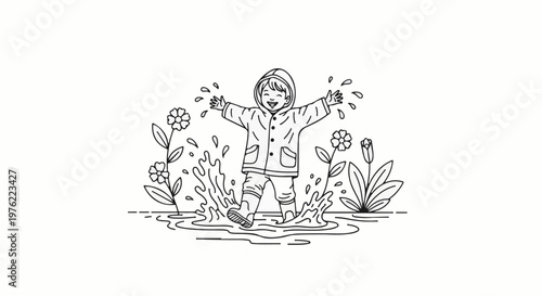 Child in raincoat joyfully splashing in puddles surrounded by flowers