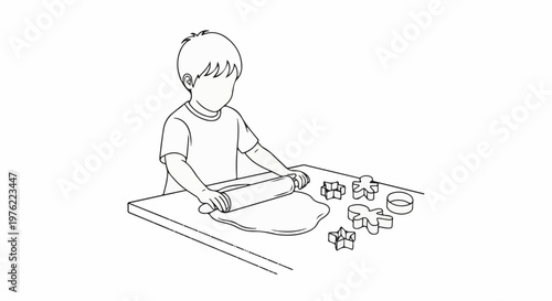 Child rolling dough with cookie cutters on table