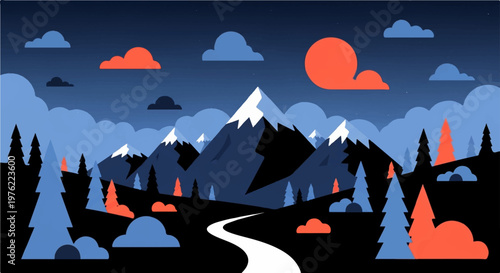 Snowy mountain peaks with winding road and pine forest, winter landscape vector art.