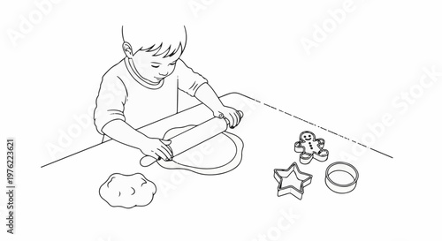 Child using a rolling pin on dough with cookie cutters nearby