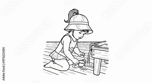 Child with bucket playing at a water source on a wooden surface