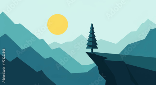Minimalist landscape with pine tree on cliff at sunset, flat vector mountain illustration.