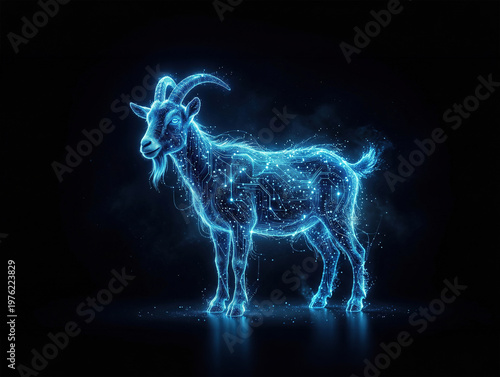 Glowing digital goat made of blue particles on a dark background, futuristic animal concept, technology and innovation, abstract design, neon style.