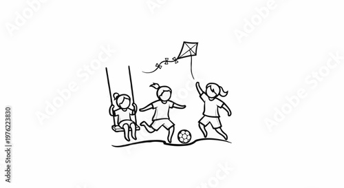 Children enjoying outdoor play with a swing, kite, and soccer ball