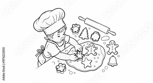 Child wearing chef hat shapes cookie dough with cutters