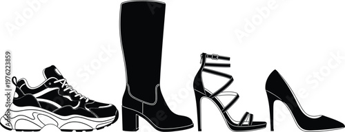 Sneaker silhouette illustration, fashion boot artwork, high heel sandal design concept, stiletto shoe symbol graphic, stylish women footwear, black white trendy representation