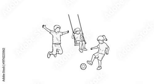 Children playing outdoor games, a boy jumps, a girl on a swing, another kicks a ball