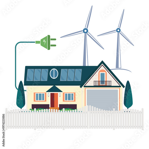 House powered by wind and solar energy, green energy transition, vector illustration
