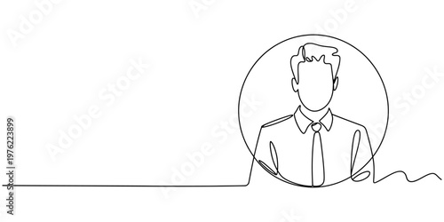 Continuous line drawing of businessman in circle, professional male avatar profile icon vector, minimalist office worker portrait with tie
