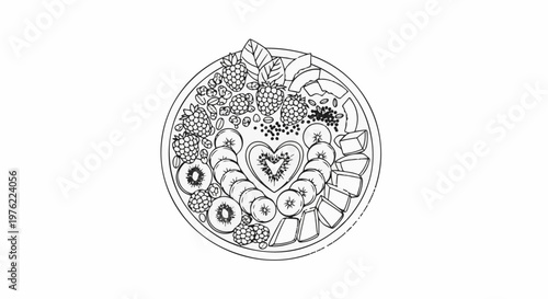 Circular arrangement of fresh fruits, including kiwi slices, raspberries, and mango chunks