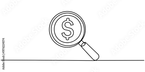 Minimalist continuous line drawing of magnifying glass over dollar coin, financial audit and money search concept, black and white vector art