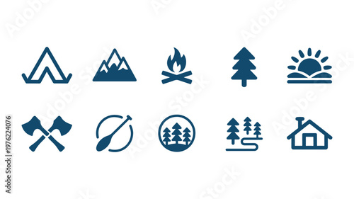 Outdoor Adventure Icons Set – Mountain, Campfire, Tree and Nature Symbols